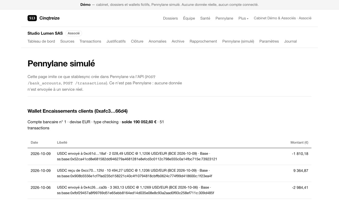 Aperçu : un wallet USDC devenu compte bancaire dans un Pennylane simulé, une ligne par transfert avec le taux BCE et le hash.