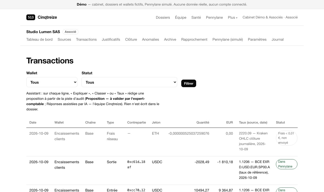 Liste des transactions de la démo avec la quantité de jetons, le montant en euros, le taux et sa source.